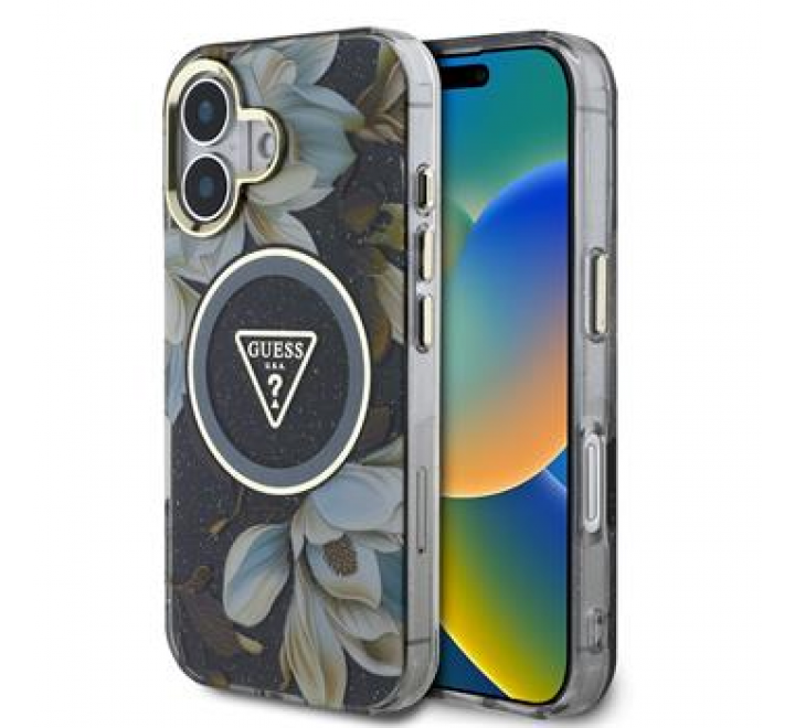 Guess IML Glitter Magnolia and Triangle Logo MagSafe Zadní Kryt pro iPhone 16 Black