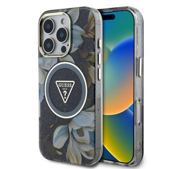 Guess IML Glitter Magnolia and Triangle Logo MagSafe Zadní Kryt pro iPhone 16 Pro Max Black