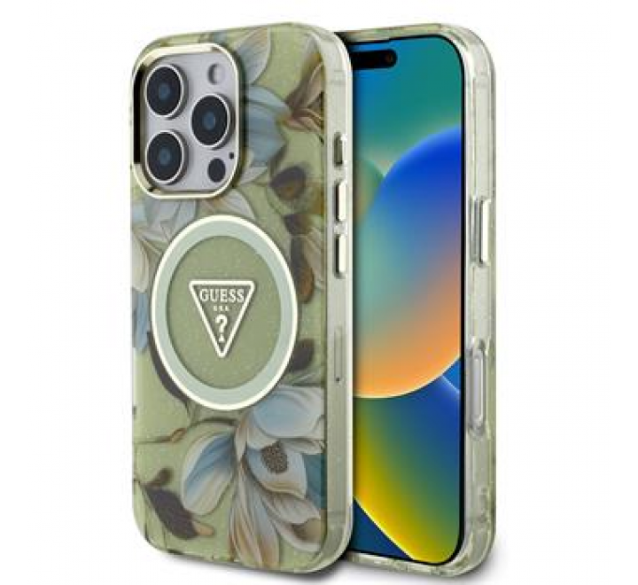 Guess IML Glitter Magnolia and Triangle Logo MagSafe Zadní Kryt pro iPhone 16 Pro Max Green