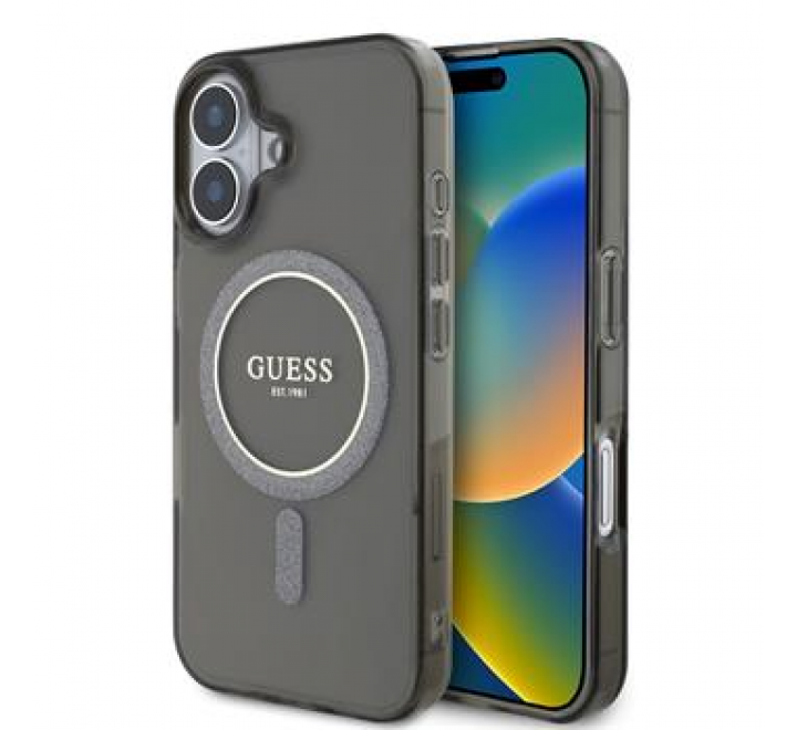 Guess IML Glitter Ring MagSafe Zadní Kryt pro iPhone 16 Black