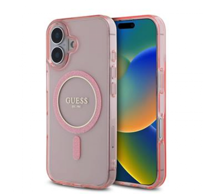 Guess IML Glitter Ring MagSafe Zadní Kryt pro iPhone 16 Pink