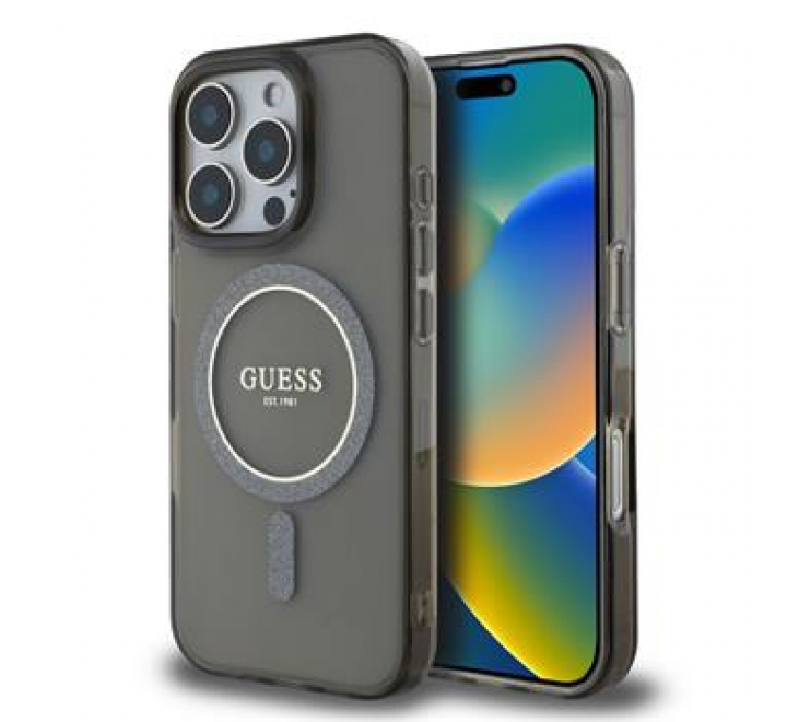 Guess IML Glitter Ring MagSafe Zadní Kryt pro iPhone 16 Pro Black