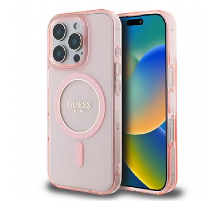 Guess IML Glitter Ring MagSafe Zadní Kryt pro iPhone 16 Pro Pink