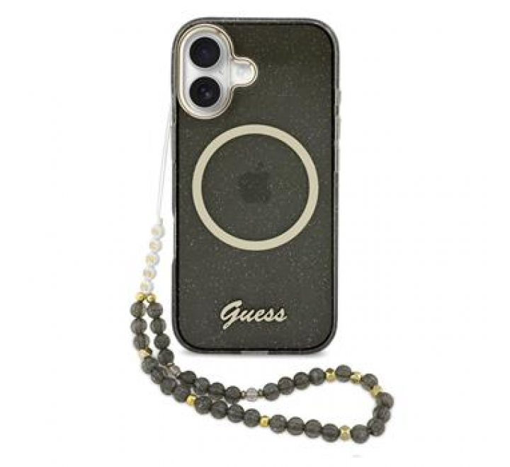 Guess IML Glitter Script Strap MagSafe Zadní Kryt pro iPhone 17 Black