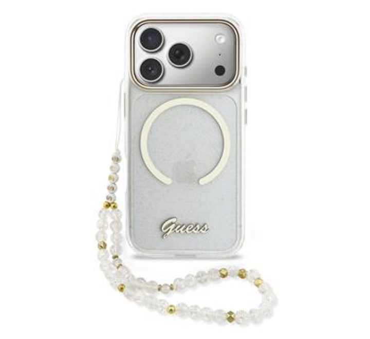Guess IML Glitter Script Strap MagSafe Zadní Kryt pro iPhone 17 Pro Transparent