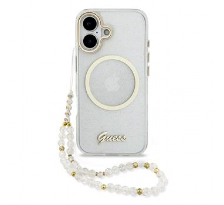 Guess IML Glitter Script Strap MagSafe Zadní Kryt pro iPhone 17 Transparent