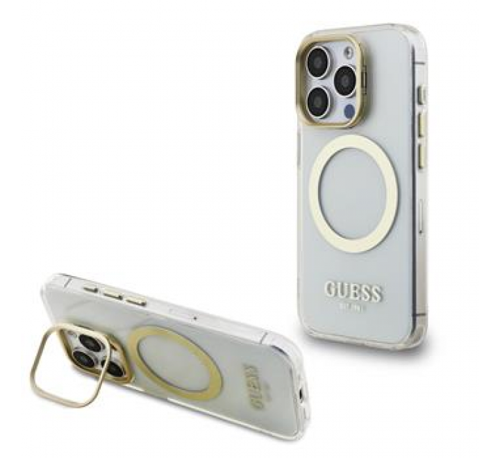 Guess IML Gold Outline Stand Camera Frame MagSafe Zadní Kryt pro iPhone 15 Pro Transparent