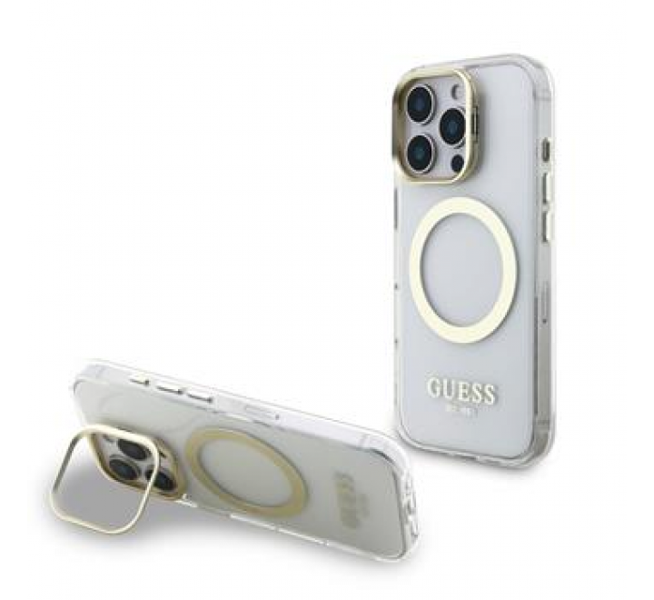 Guess IML Gold Outline Stand Camera Frame MagSafe Zadní Kryt pro iPhone 16 Pro Transparent