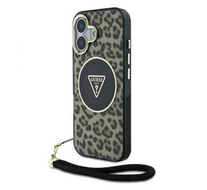 Guess IML Leopard Triangle Logo Strap MagSafe Zadní Kryt pro iPhone 16 Brown