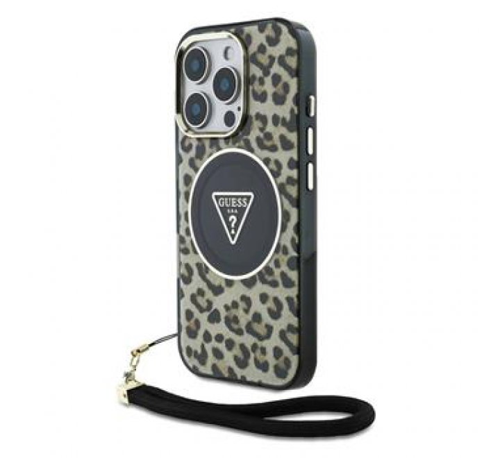 Guess IML Leopard Triangle Logo Strap MagSafe Zadní Kryt pro iPhone 16 Pro Max Brown