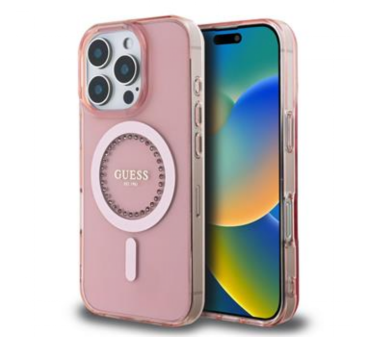 Guess IML Rhinestones Ring MagSafe Zadní Kryt pro iPhone 16 Pro Pink