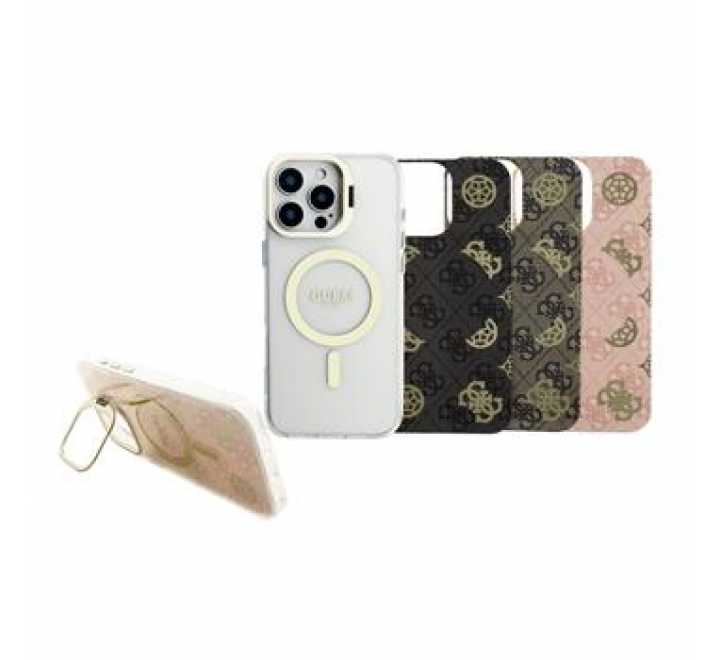 Guess PC/TPU Electroplated Stand Camera Frame MagSafe Zadní Kryt s Vyměnitelným Pozadím pro iPhone 16 Pro Max