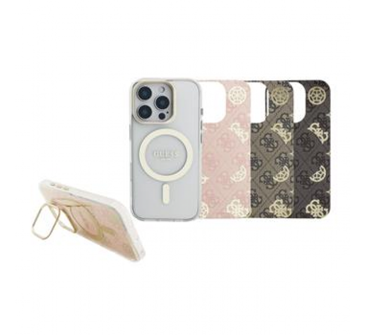 Guess PC/TPU Electroplated Stand Camera Frame MagSafe Zadní Kryt s Vyměnitelným Pozadím pro iPhone 16 Pro