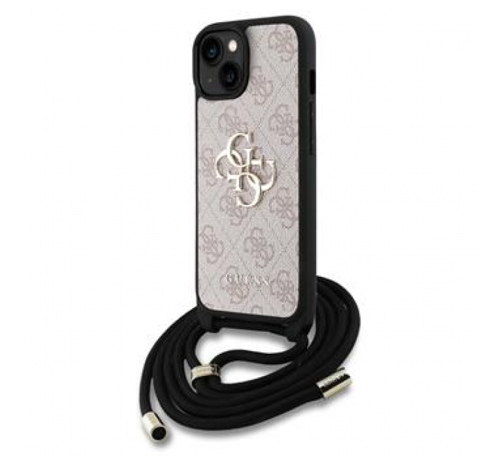 Guess PU 4G Metal Logo Crossbody Popruh Zadní Kryt pro iPhone 15 Pink