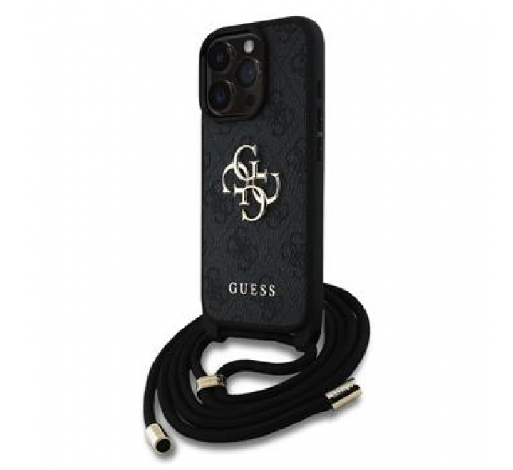 Guess PU 4G Metal Logo Crossbody Popruh Zadní Kryt pro iPhone 15 Pro Black