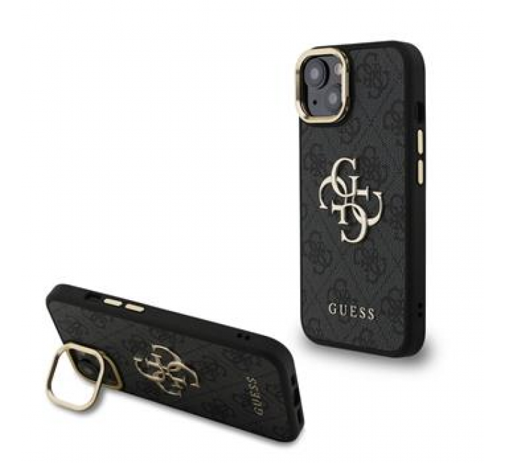 Guess PU 4G Metal Logo Stand Camera Frame Zadní Kryt pro iPhone 14 Black