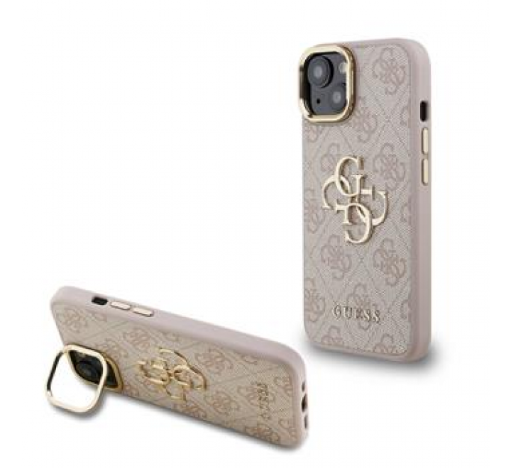 Guess PU 4G Metal Logo Stand Camera Frame Zadní Kryt pro iPhone 15 Pink