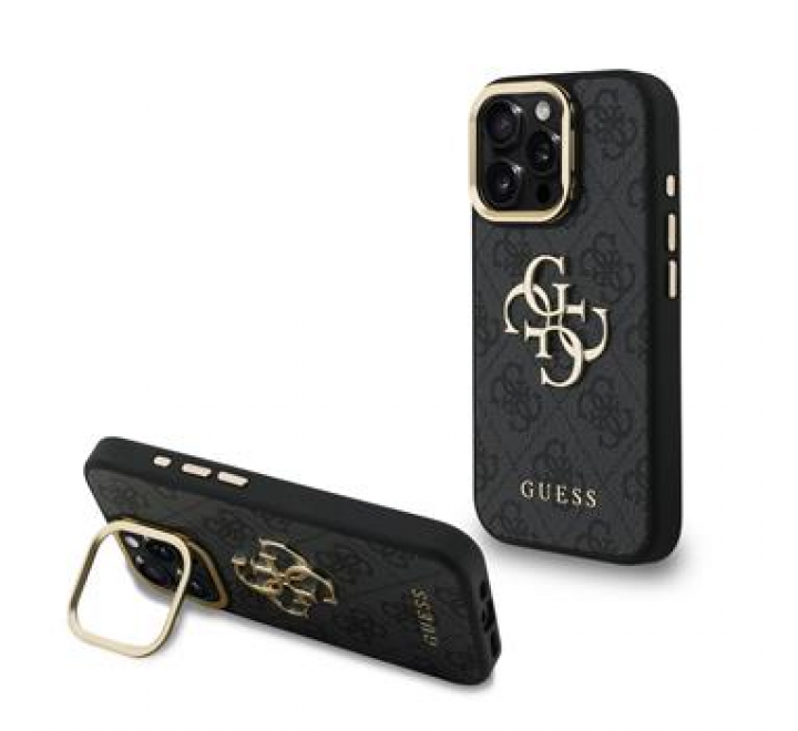 Guess PU 4G Metal Logo Stand Camera Frame Zadní Kryt pro iPhone 15 Pro Black
