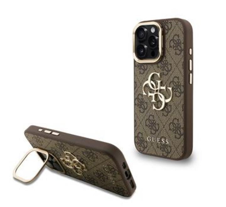 Guess PU 4G Metal Logo Stand Camera Frame Zadní Kryt pro iPhone 15 Pro Max Brown