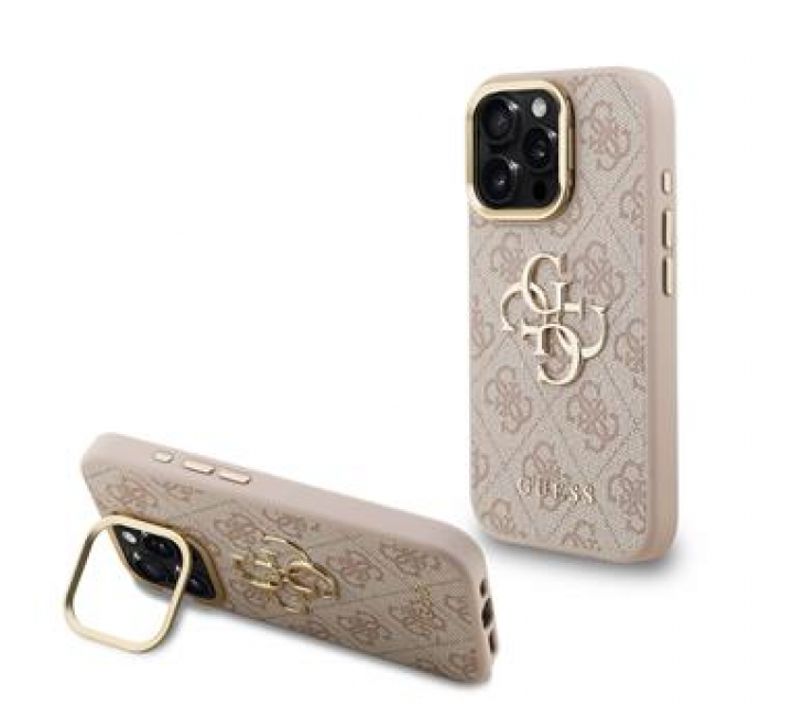 Guess PU 4G Metal Logo Stand Camera Frame Zadní Kryt pro iPhone 15 Pro Max Pink