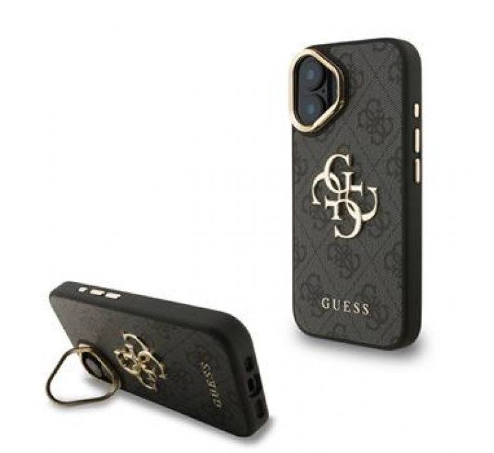 Guess PU 4G Metal Logo Stand Camera Frame Zadní Kryt pro iPhone 16 Black