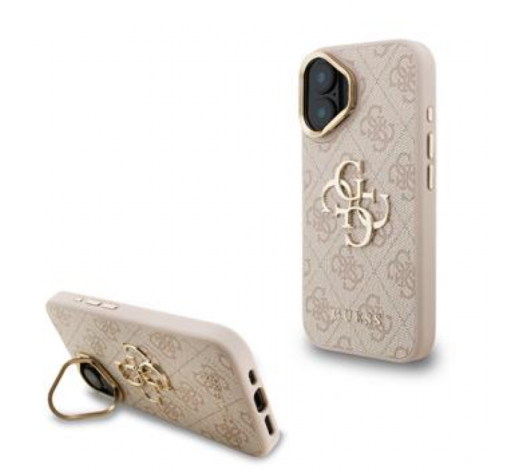 Guess PU 4G Metal Logo Stand Camera Frame Zadní Kryt pro iPhone 16 Pink