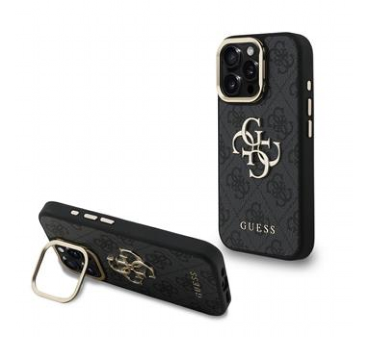 Guess PU 4G Metal Logo Stand Camera Frame Zadní Kryt pro iPhone 16 Pro Max Black