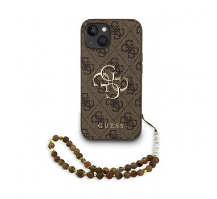 Guess PU 4G Metal Logo Strap Zadní Kryt pro iPhone 15 Brown