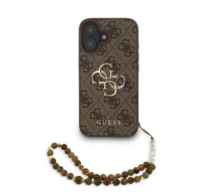 Guess PU 4G Metal Logo Strap Zadní Kryt pro iPhone 16 Brown