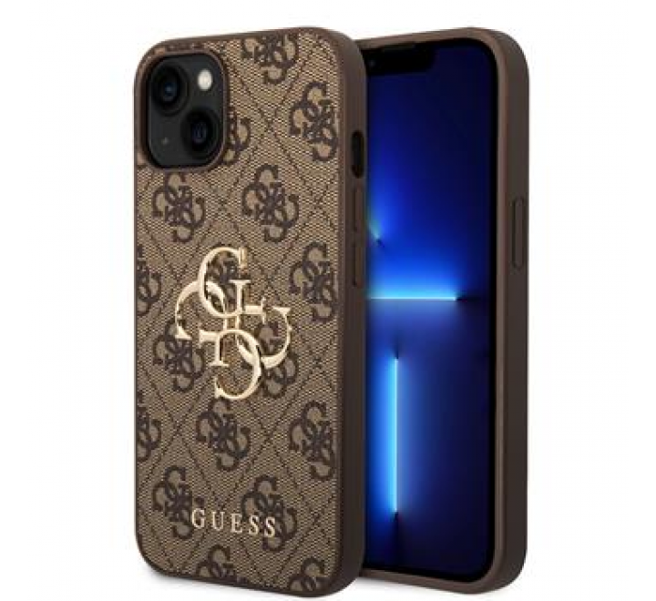 Guess PU 4G Metal Logo Zadní Kryt pro iPhone 15 Brown