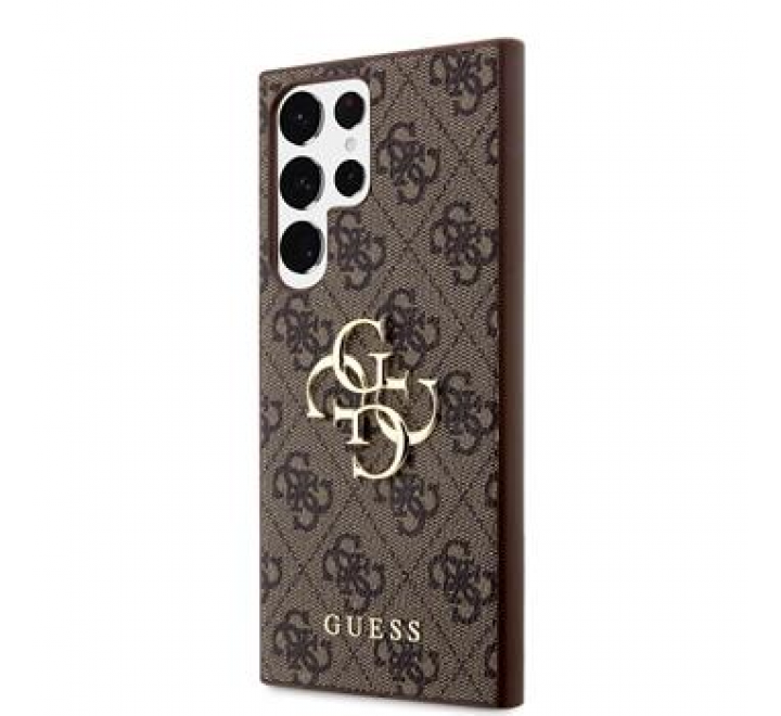 Guess PU 4G Metal Logo Zadní Kryt pro Samsung Galaxy S23 Ultra Brown
