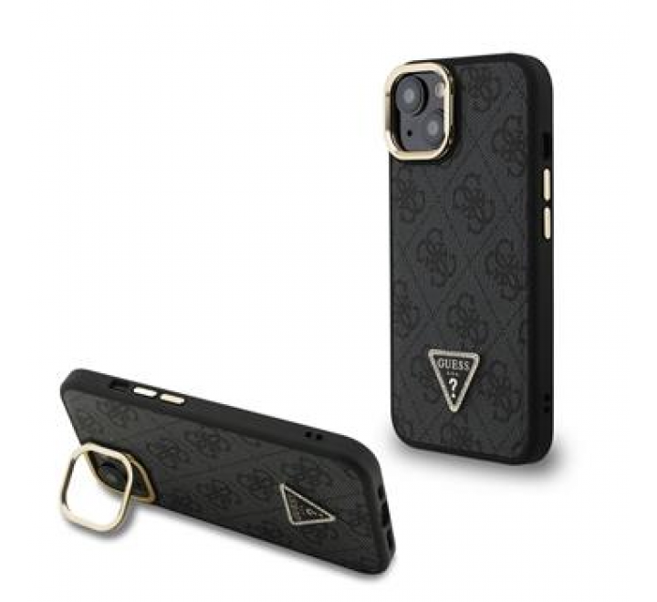 Guess PU 4G Strass Triangle Logo Stand Camera Frame MagSafe Zadní Kryt pro iPhone 13 Black