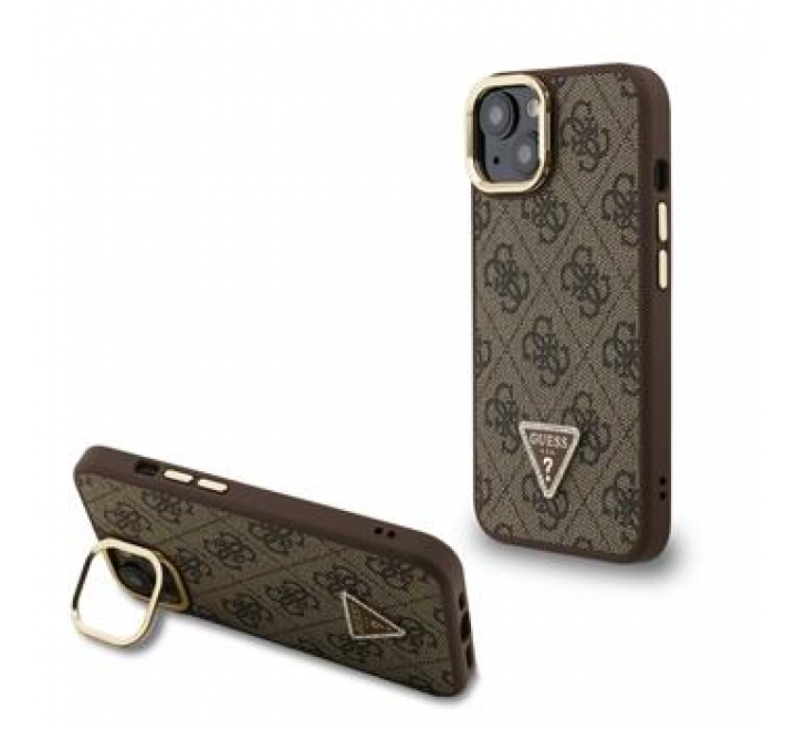 Guess PU 4G Strass Triangle Logo Stand Camera Frame MagSafe Zadní Kryt pro iPhone 13 Brown