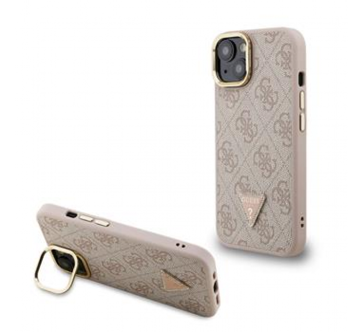 Guess PU 4G Strass Triangle Logo Stand Camera Frame MagSafe Zadní Kryt pro iPhone 14 Pink