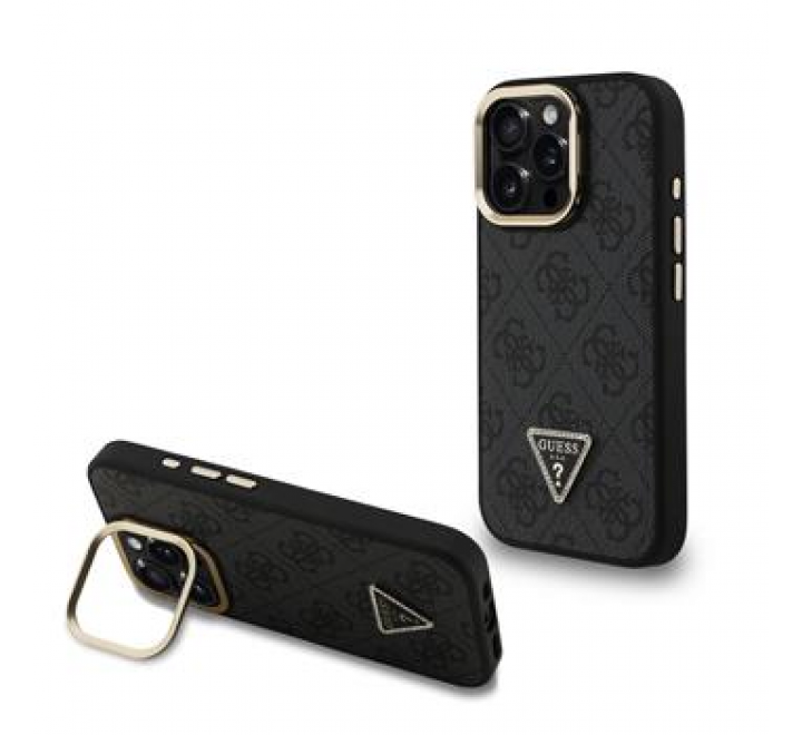 Guess PU 4G Strass Triangle Logo Stand Camera Frame MagSafe Zadní Kryt pro iPhone 15 Pro Black