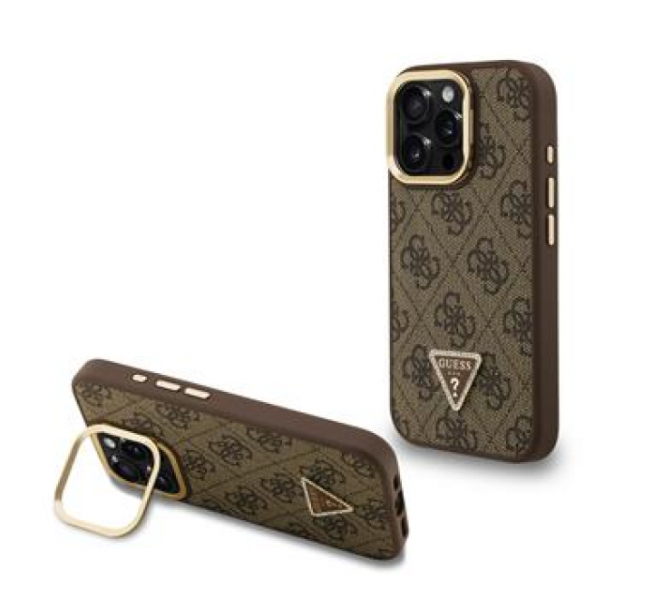 Guess PU 4G Strass Triangle Logo Stand Camera Frame MagSafe Zadní Kryt pro iPhone 15 Pro Brown
