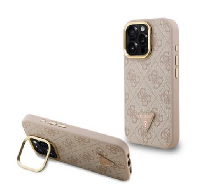 Guess PU 4G Strass Triangle Logo Stand Camera Frame MagSafe Zadní Kryt pro iPhone 15 Pro Max Pink