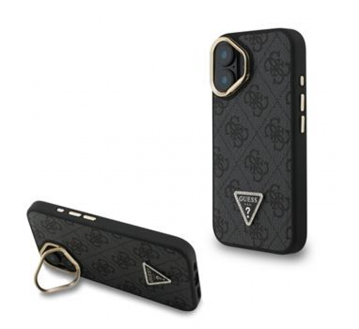 Guess PU 4G Strass Triangle Logo Stand Camera Frame MagSafe Zadní Kryt pro iPhone 16 Black