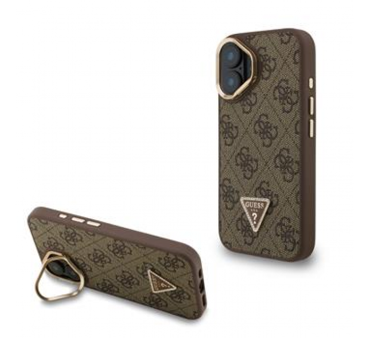 Guess PU 4G Strass Triangle Logo Stand Camera Frame MagSafe Zadní Kryt pro iPhone 16 Brown