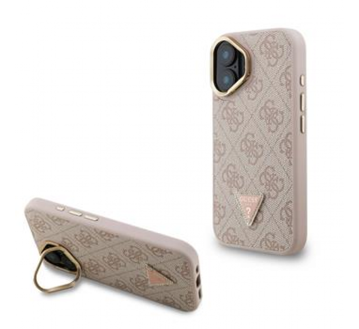 Guess PU 4G Strass Triangle Logo Stand Camera Frame MagSafe Zadní Kryt pro iPhone 16 Pink