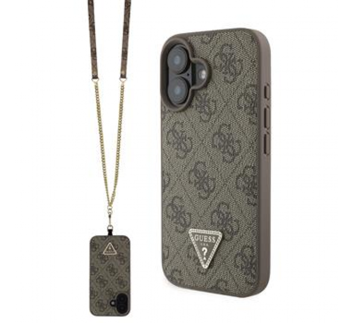 Guess PU 4G Strass Triangle Metal Logo Zadní Kryt + Crossbody Popruh pro iPhone 16 Brown