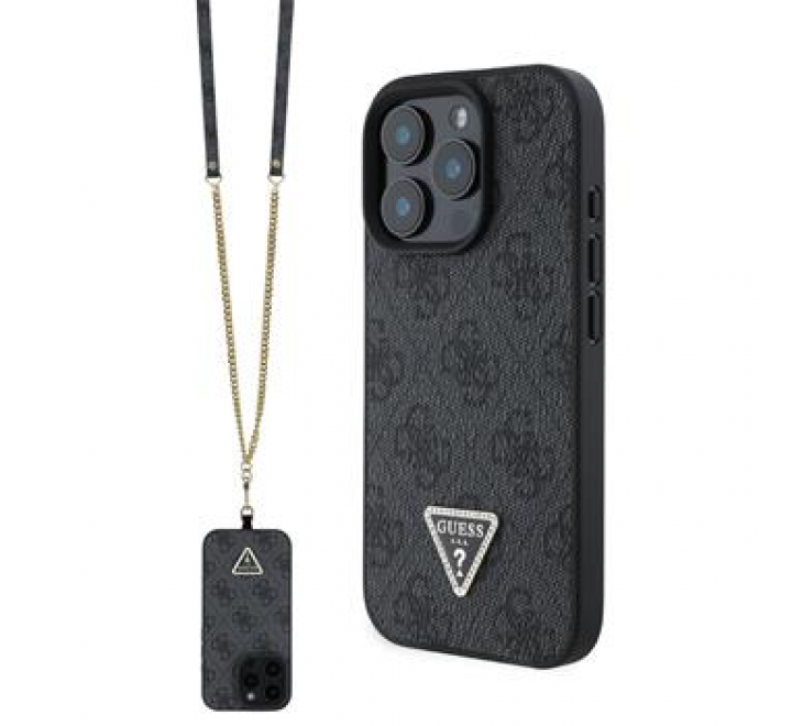 Guess PU 4G Strass Triangle Metal Logo Zadní Kryt + Crossbody Popruh pro iPhone 16 Pro Black