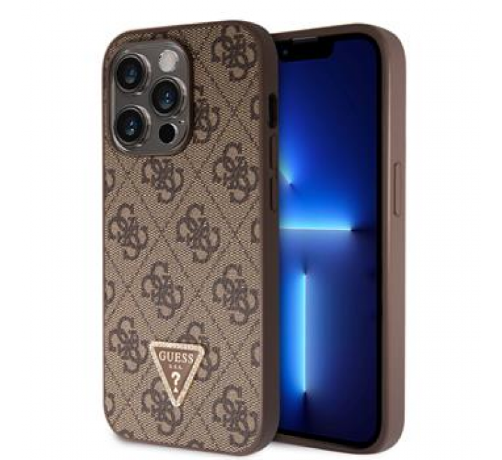 Guess PU 4G Strass Triangle Metal Logo Zadní Kryt pro iPhone 15 Pro Brown