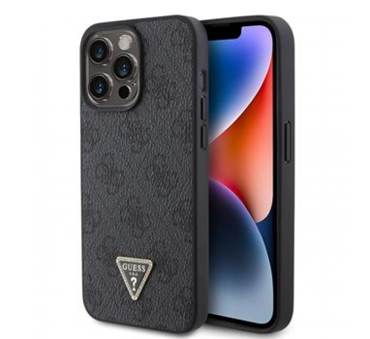 Guess PU 4G Strass Triangle Metal Logo Zadní Kryt pro iPhone 15 Pro Max Black