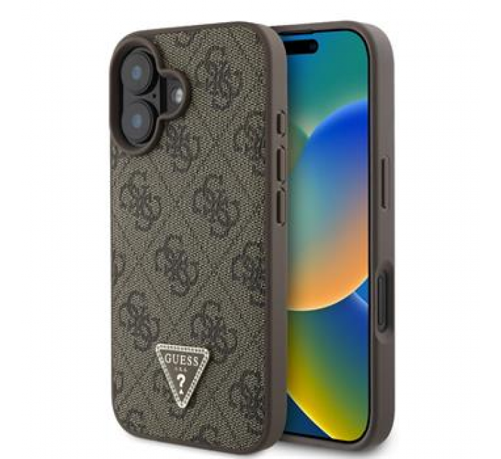 Guess PU 4G Strass Triangle Metal Logo Zadní Kryt pro iPhone 16 Brown