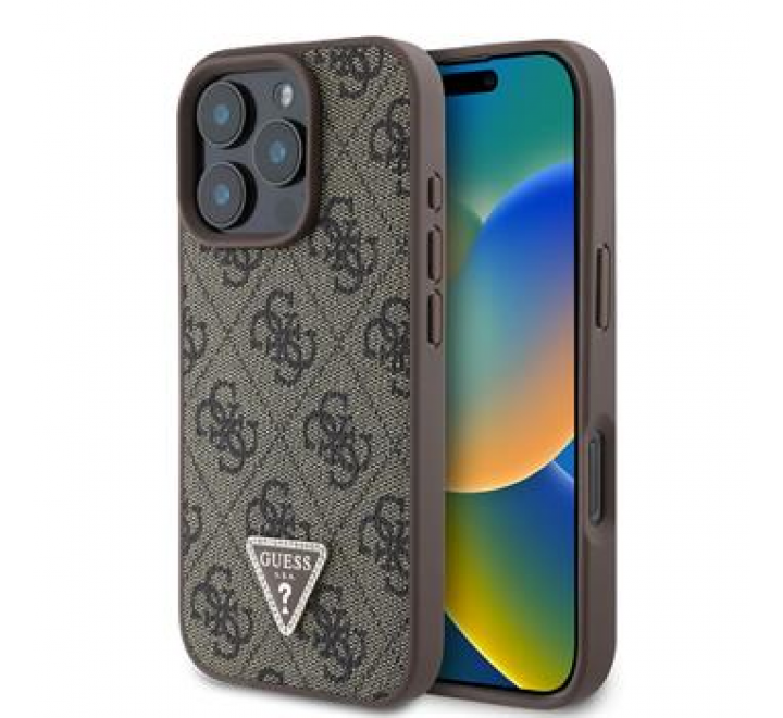 Guess PU 4G Strass Triangle Metal Logo Zadní Kryt pro iPhone 16 Pro Brown