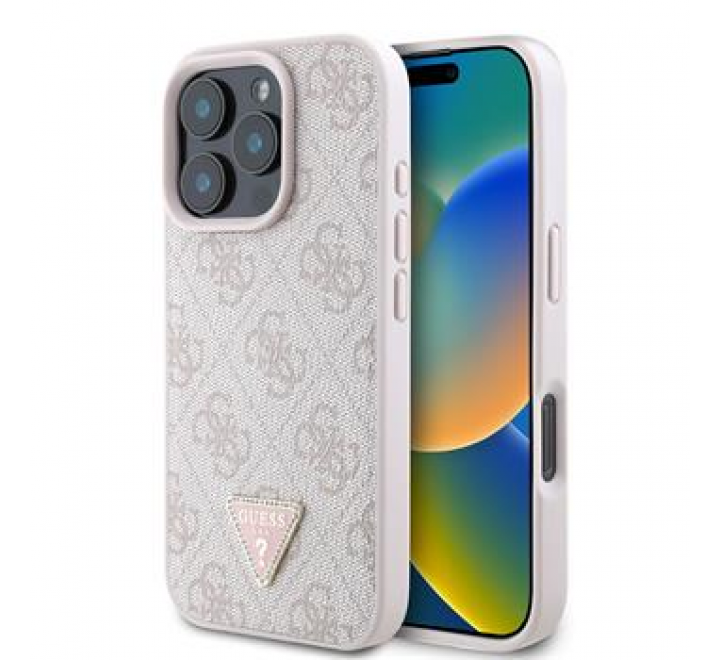 Guess PU 4G Strass Triangle Metal Logo Zadní Kryt pro iPhone 16 Pro Max Pink