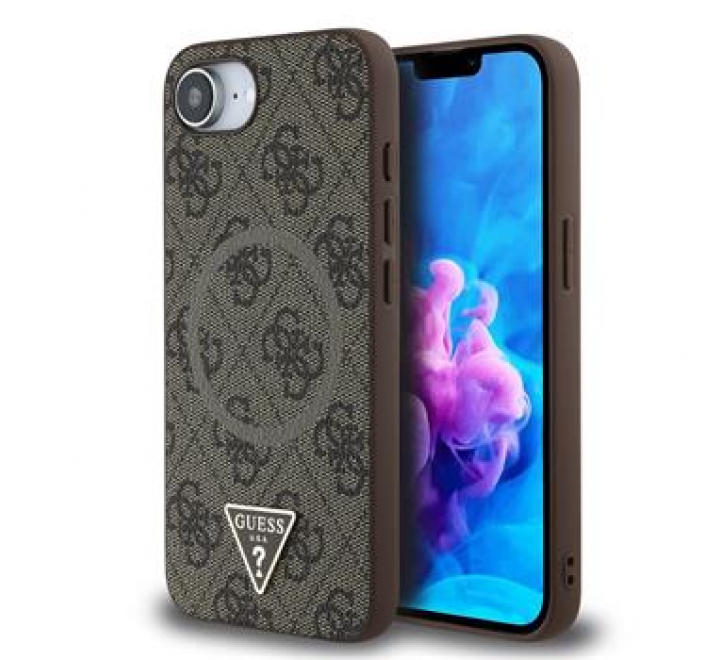 Guess PU 4G Strass Triangle Metal Logo Zadní Kryt pro iPhone SE4 Brown