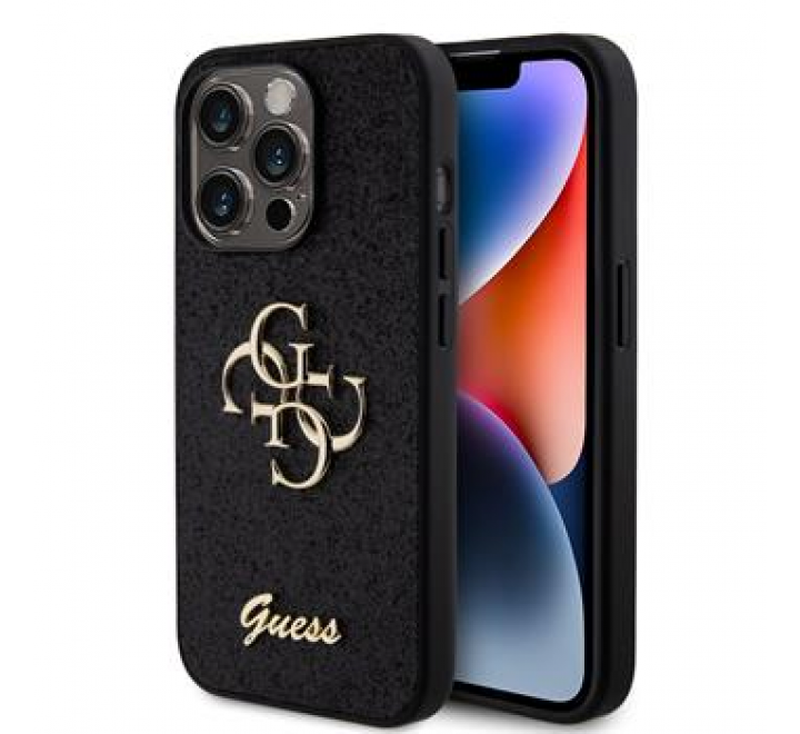Guess PU Fixed Glitter 4G Metal Logo Zadní Kryt pro iPhone 15 Pro Black