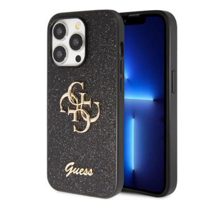 Guess PU Fixed Glitter 4G Metal Logo Zadní Kryt pro iPhone 15 Pro Max Black